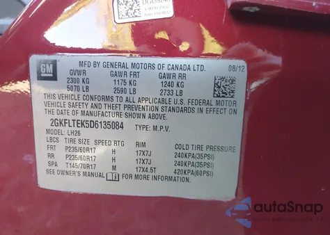 2013 GMC Terrain Sle из США, поврежденный, VIN 2GKFLTEK5D6135084